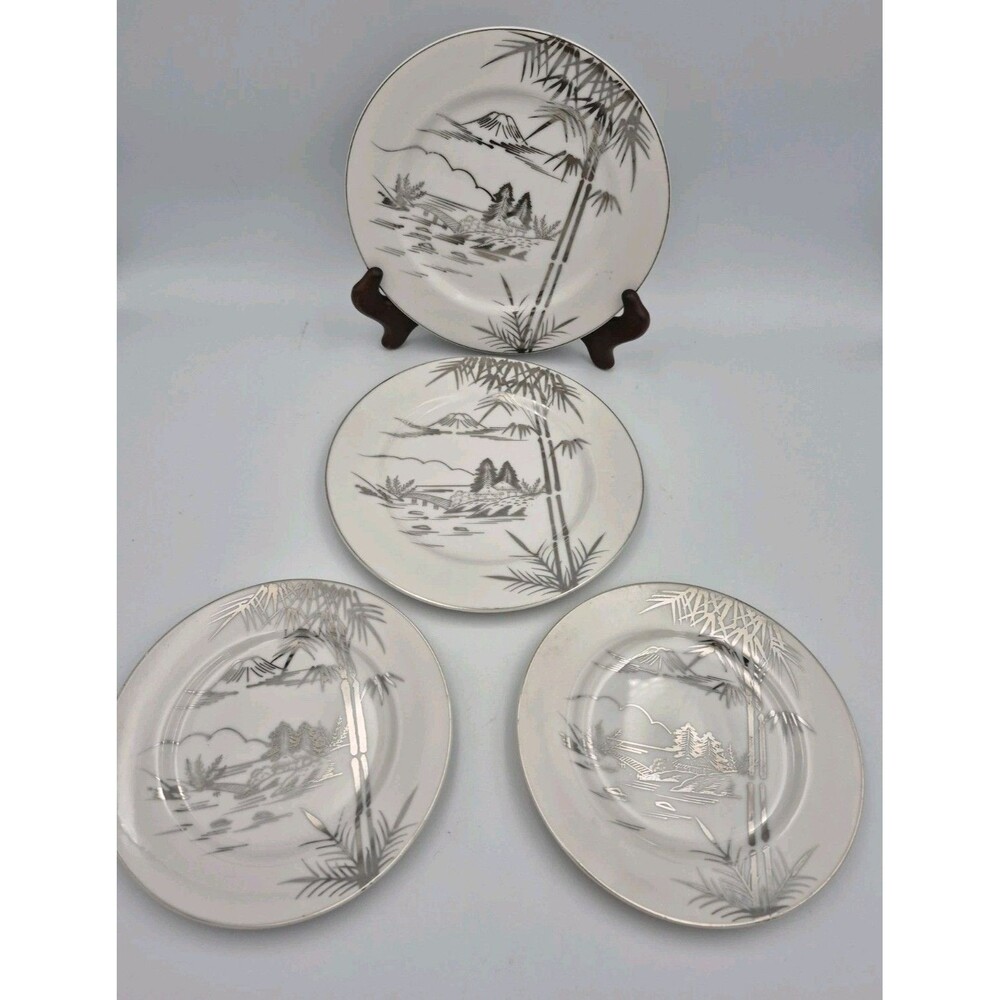 Antique Kutani Japanese China 2 Bread Plates, Mt Fuji Bamboo design 2 Saucers